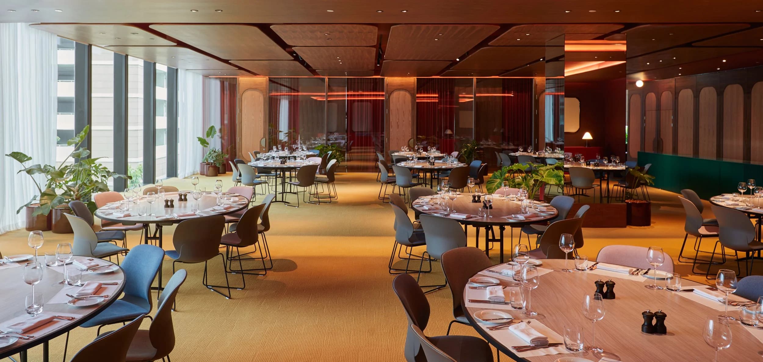 Colorful event lights above a lively venue crowd